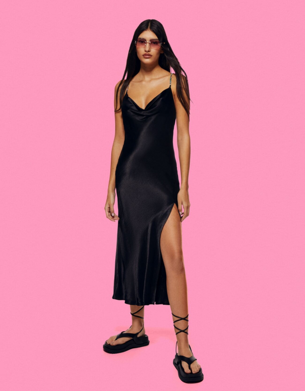 Satiniertes Midikleid mit Tr?gern und Strass